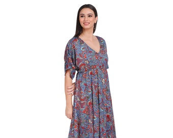 Bohemian Chic Long Dress || Flared Floral Dress || Low Back Fluid Dress || Blue Summer Boho Dress || Wide Sleeve Dress