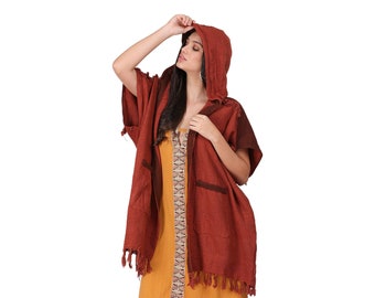 Bohemian Chic Kimono || Ethnic Print Kimono || Unisex Hooded Kimono || One Size Kimono || Hemp Kimono with Fringes Rust