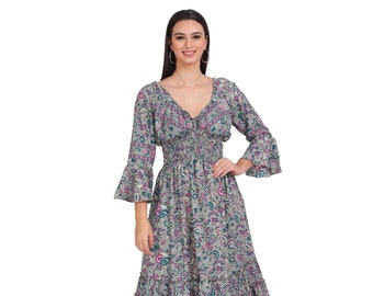 Bohemian Chic Dress || Flared Floral Dress || Colorful Fluid Dress || One Size Summer Dress || Celadon Gray Dress with Flared Sleeves