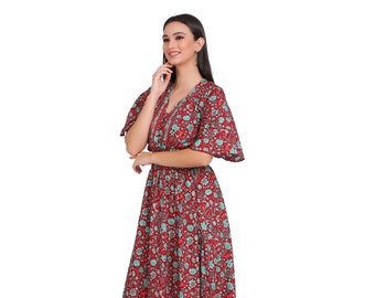 Robe Bohème Chic || Robe Evasée Motifs Floraux || Robe Fluide Boutonnée || Robe Eté Rouge || Robe Manches Papillons