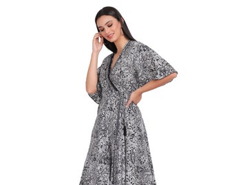 Bohemian Chic Wrap On Dress ||  Paisley Print Long Dress || Wrap Gypsy Dress || Black and White Butterfly Sleeve Summer Dress