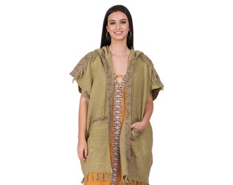 Bohemian Chic Kimono || Ethnic Print Kimono || Unisex Hooded Kimono || One Size Kimono || Lichen Green Fringed Hemp Kimono
