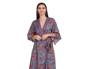 Bohemian Chic Kimono Dress || Long Floral Print Kimono || Colorful Fluid Kimono || Free Size Kimono || Mineral Blue Kimono