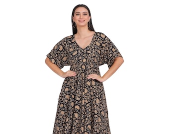 Bohemian Chic Dress || Flared Floral Dress || Low Back Fluid Dress || Black Summer Boho Dress || Wide Sleeve Gypsie Dress