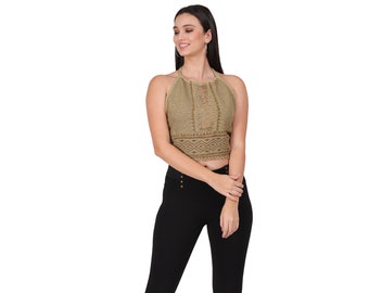 Bohemian Chic Open Back Top || Halter Ethnic Top || Printed Hemp Top || Top Vegetable Dye Hand Printing || Khaki Green Top