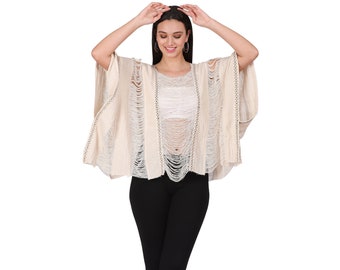 Bohemian Chic Poncho Top || Top Ethnic || Printed Hemp Top || Top Vegetable Dye Hand Printing || Off-White Poncho