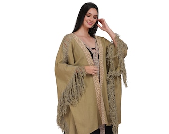 Bohemian Chic Kimono || Ethnic Print Kimono || Natural Material Kimono || One Size Kimono || Lichen Green Fringed Hemp Kimono