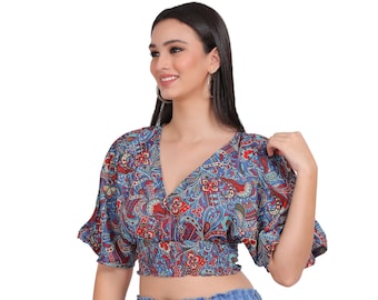 Bohemian Chic Top || Flared Sleeves Crop Top || Paisley Print Top || Colorful Butterfly Sleeve Top || Blue Cropped Top with Sleeves