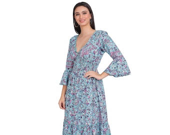 Robe Bohème Chic || Robe Evasée Motifs Floraux || Robe Fluide Colorée || Robe Eté Taille Unique || Robe Bleu Ciel Manche Evasées