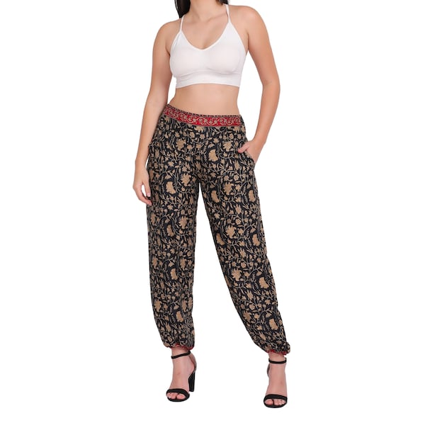 Pantalon Bohème Chic || Pantalon Yoga Imprimée || Pantalon Bouffant Fluide Coloré || Pantalon Resserré en Bas || Pantalon Femme Noir