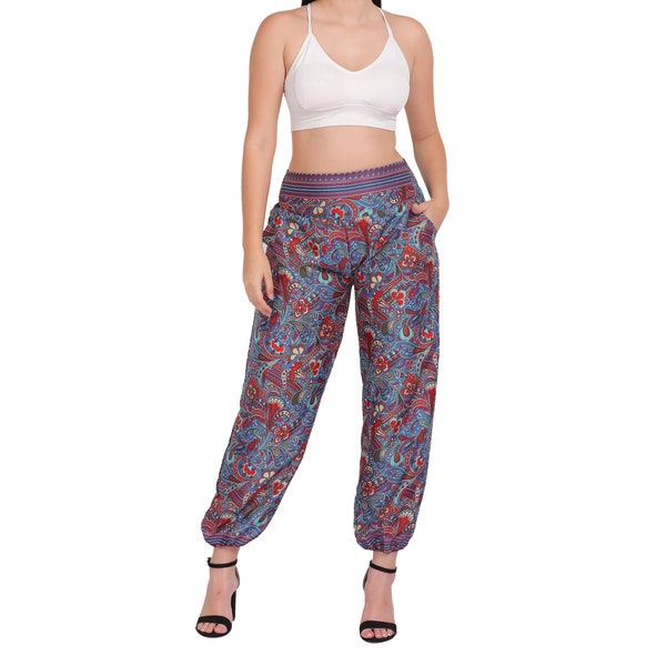 Pantalon Bohème Chic || Pantalon Yoga Imprimée || Pantalon Bouffant Fluide Coloré || Pantalon Resserré en Bas || Pantalon Femme Bleu