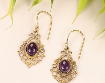 Vintage Openwork Brass Earrings with Natural Gemstone | Ethnic Medieval Inspired Dangle Earrings | Artisan Bohemian Jewelry
