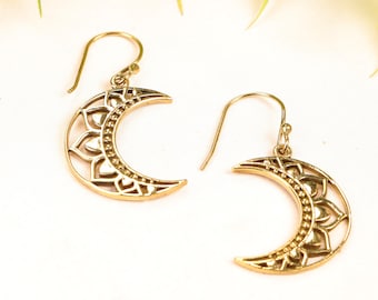 Brass Crescent Moon Earrings | Celestial Moon Dangle Earrings | Handmade Boho Jewelry | Lunar Earrings Gift