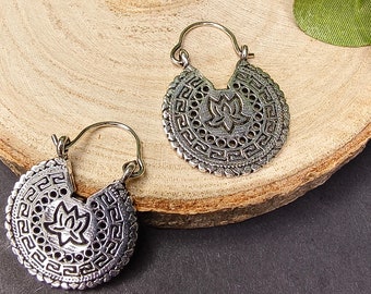 Small Bohemian Hoop Earrings Adorned With Lotus Patterns || Ethnic Floral Silvered Brass Hoops ||Oriental Earrings || Spiritual Jewelry