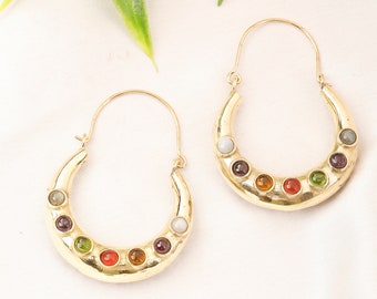 Handmade Brass 7 Chakra Hoop Earrings: Bohemian Spiritual Jewelry