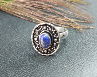 Silvered Adjustable Ring with Lapis Lazuli || Boho Adjustable Brass Ring with Gemstone