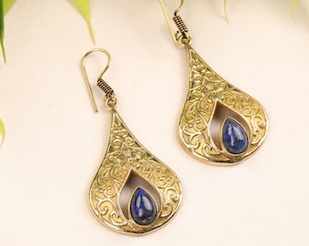 Brass Teardrop Gemstone Earrings | Ornate Gold Drop Earrings | Handmade Boho Jewelry | Natural Stone Earrings Gift