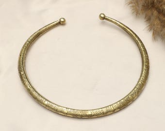 Floral Engraved Tribal Torque Necklace | Golden Brass Viking Inspired Collar Necklace | Ethnic Bohemian Open Choker
