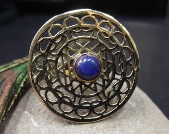 Large Adjustable Sri Yantra Ring With Semi Precious Stone || Large Sacred Geometry Ring || Large Round Ethnic Ring With Gem Stone