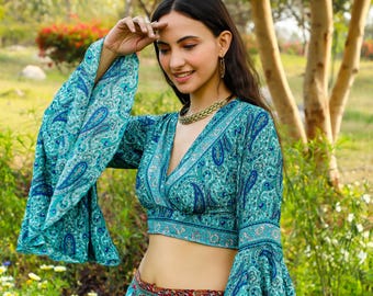 Petrole Polyester Boho Crop Top To Tie In The Back || Top With Ombrella Sleeves And Open Back || Women's Summer Top With Paisley Print