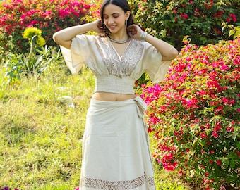 Free Size Bohemian Chic Long Skirt || Block Print Flared Skirt Hand Printed || Natural Colored Raw Cotton Wrap On  Skirt