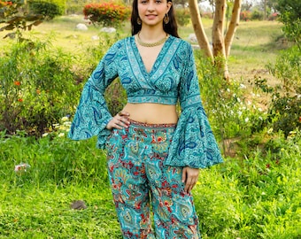 Green Bohemian Polyester Paisley Print Straight Trousers ||  Free Size Side Slid Pants || Side Open Lounge Pants