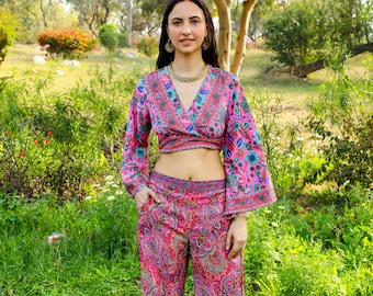 Pink Bohemian Polyester Paisley Print Straight Trousers ||  Free Size Side Slid Pants || Side Open Lounge Pants