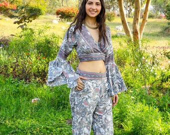 Grey Bohemian Polyester Paisley Print Straight Trousers ||  Free Size Side Slid Pants || Side Open Lounge Pants