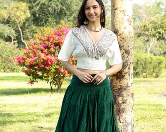 Long  Bottle Green Boho Cotton Veil Skirt || Flowing Skirt for Gypsy Dancing || Maxi Skirt With Ruffles For Oriental Dance