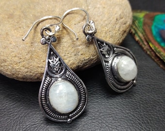Silver Color Brass Dangling Earrings with Natural Stones || Ethnic Gemstones Earrings || Bohemian Earrings