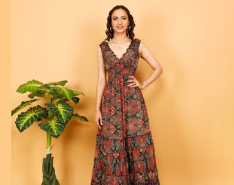 Long Boho Dress With Ruffles || Blue Paisley Print Flowy Dress || Printed Maxi Summer Dress