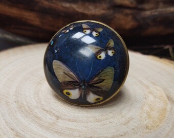 Boho Printed Ring || Large Round Ring || Adjustable Domed Brass Ring || Butterfly Patterned Ring Bohemian Jewelry