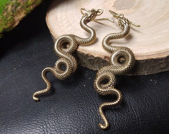 Ethnic Brass Twisted Serpent Viking Earrings || Dangling Snake Earrings || Norse Mythology Serpentine Tribal Earrings || Gothic Earrings