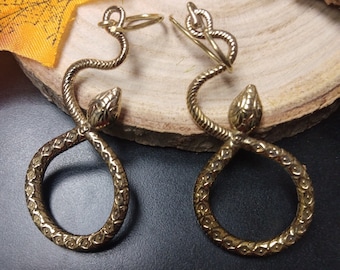 Golden Snake Viking Earrings || Dangling Gothic Viper Earrings || Serpentine Tribal Earrings || Kundalini Goddess Earring