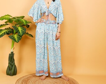 Ikat Ethnic Print Casual Pants || Bohemian Colorful Pants with Pockets || Wide Fluid Pants