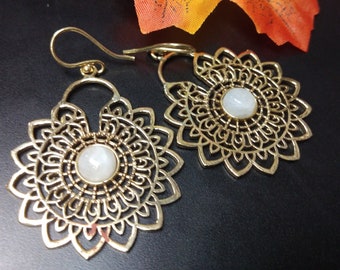 Oriental Golden Dangle Earrings With Gemstones || Mandala Gemstone Bohemian Earrings || Ethnic Gypsy Earrings with Natural Stones