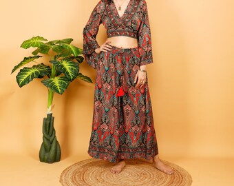 Bohemian Chic Wide Pants || Paisley Print Flared Pants || Black Fluid Pants || Palazzo Trouser Free Size || Pants-skirt