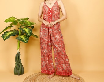 Floral Print Casual Pants || Bohemian Colorful Pants with Pockets || Wide Fluid Shade of Pink Pants