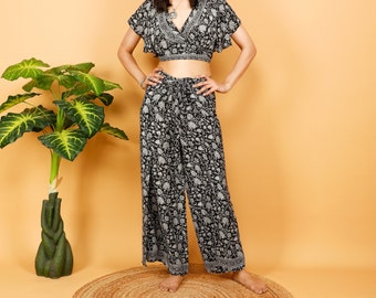 Black Wrap Trousers || Free Size Fluid Pants || Bohemian Beach Pants || Floral Pattern Pareo Pants || Fisherman Pants Open On The Sides