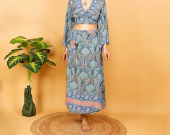 Long Blue Bohemian Skirt || Ethnic Print Flared Skirt || Colorful Summer Wrap Skirt || Free Size Paisley Printed Skirt