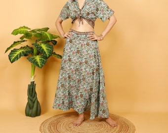 Bohemian Long Flowery Sea Green Skirt || Floral Print Flared Skirt || Fluid Gypsy Skirt || Boho Summer Clothing