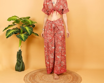 Pink Wrap Trousers || Free Size Fluid Pants || Bohemian Beach Pants || Floral Pattern Pareo Pants || Fisherman Pants Open On The Sides