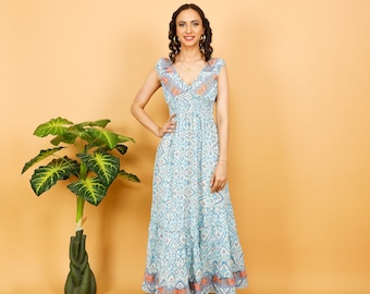 Long Boho Dress With Ruffles || Light Blue And White  Ikat Print Flowy Dress || Printed Maxi Summer Dress