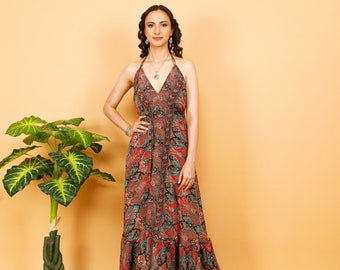 Bohemian Black Halter Dress || Long Ruffled Open Back Dress || Summer Free Size Flowy Dress || Backless Ethnic Paisley Print Dress