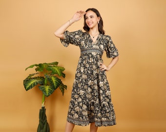 Puffed Sleeves Petite Dress || Floral Contrasted Prints Midi Dress || Fluid Short Sleeves Dress || Boho BLack Dress