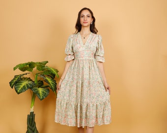 Puffed Sleeves Petite Dress || Floral Contrasted Prints Midi Dress || Fluid Short Sleeves Dress || Boho Multicolor Liberty Printed Dress