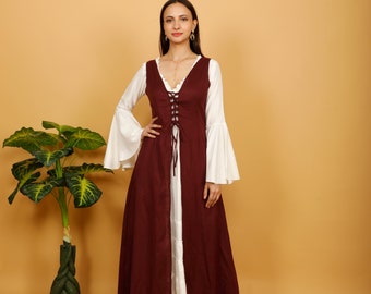 Medieval Burgundy Cotton Over Dress ||  Sleeveless Celtic Over Dress Vest || Women's Long  Cosplay Sleeveless Vest with Lacing