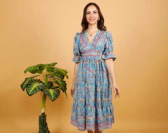 Puffed Sleeves Petite Dress || Floral Contrasted Prints Midi Dress || Fluid Short Sleeves Dress || Boho Blue Dress