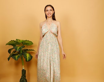Backless Dress With Opening Above The Hips || Laced Back Dress with Side Slit || Long Halter Dress To Tie in the Back || Sensual Boho Dress