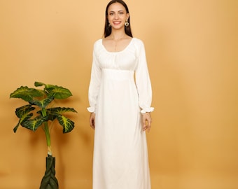 Empire Waist Gathered Neckline Dress || Long Off White Boho Dress  || Viscose Medieval Dress || Fitted Dress With Long Elasticated Sleeves